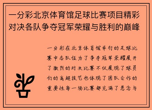 一分彩北京体育馆足球比赛项目精彩对决各队争夺冠军荣耀与胜利的巅峰时刻