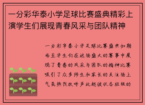 一分彩华泰小学足球比赛盛典精彩上演学生们展现青春风采与团队精神