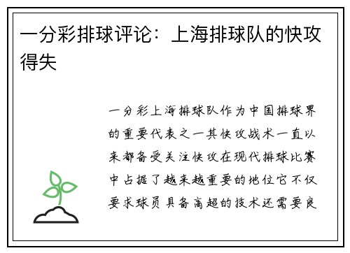 一分彩排球评论：上海排球队的快攻得失
